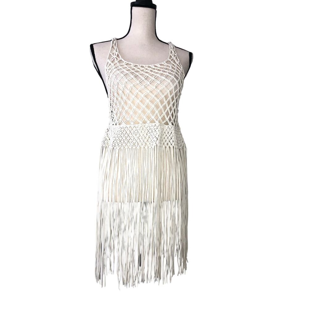 Charmosa Bohemian Ana Macrame Fishnet Fringe Crochet Beach Swim Cover Cream
